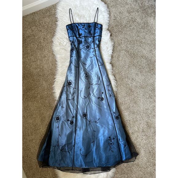 Rare Vintage Y2K Blondie Nites by Jaslene Blue Black Floral Beaded Long Dress